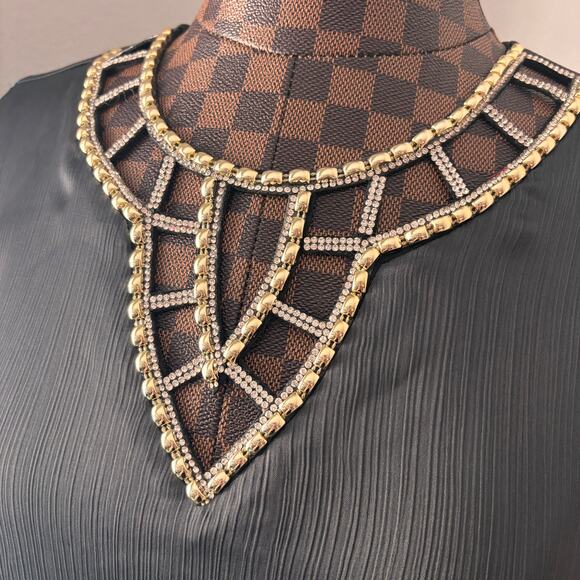 Black Bubble Hem Blouse Medium Gold Rhinestone Collar Top Shirt Bell I.N. Studio - Picture 4 of 11